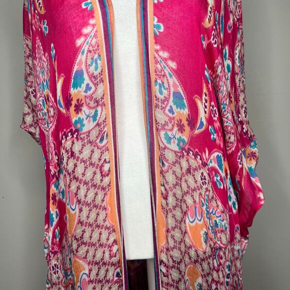 Chico's Colorful Pink Kimono Cover-Up Linen Blend Boho Fringe Beach Resort L/XL - Picture 4 of 11